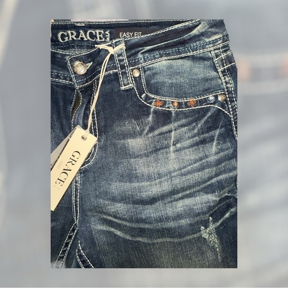 Grace in LA NWT Women's Deep Indigo Boot Cut Jeans With Aztec Pattern - Picture 5 of 9